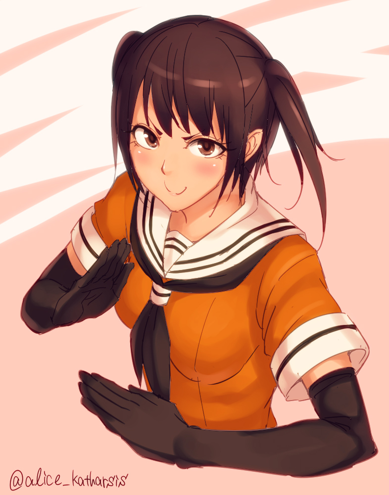 1girl blush brown_eyes brown_hair elbow_gloves gloves kantai_collection kedama_keito looking_at_viewer open_mouth personification sendai_(kantai_collection) short_hair smile solo twintails twitter_username