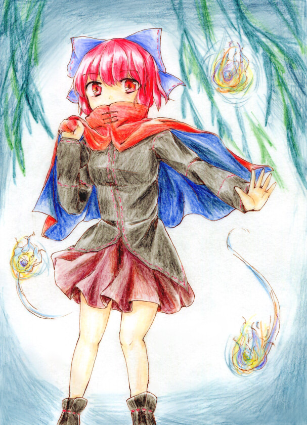 1girl bow capelet colored_pencil_(medium) covered_mouth divine_spirit hair_bow red_eyes redhead sekibanki shirt short_hair skirt touhou traditional_media wkyw9647_(artist)