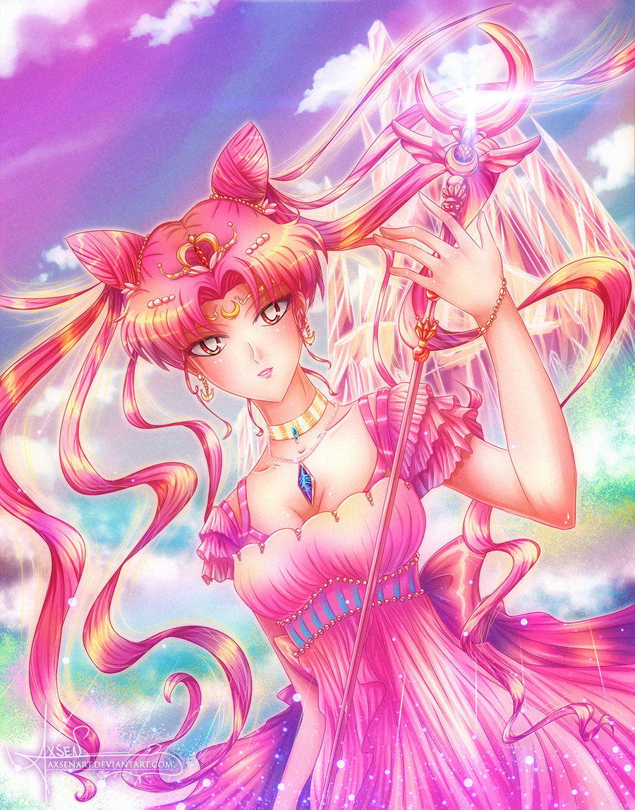 1girl axsen bishoujo_senshi_sailor_moon chibi_usa choker clouds double_bun dress dutch_angle facial_mark forehead_mark gem hair_ornament hairclip jewelry long_hair looking_at_viewer necklace older parted_lips pink pink_dress pink_hair queen sign sky small_lady_serenity staff tiara twintails watermark web_address