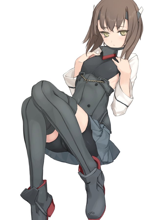 1girl bike_shorts blush brown_eyes brown_hair headband headgear kantai_collection looking_at_viewer personification rokuwata_tomoe short_hair simple_background skirt solo taihou_(kantai_collection) thigh-highs white_background