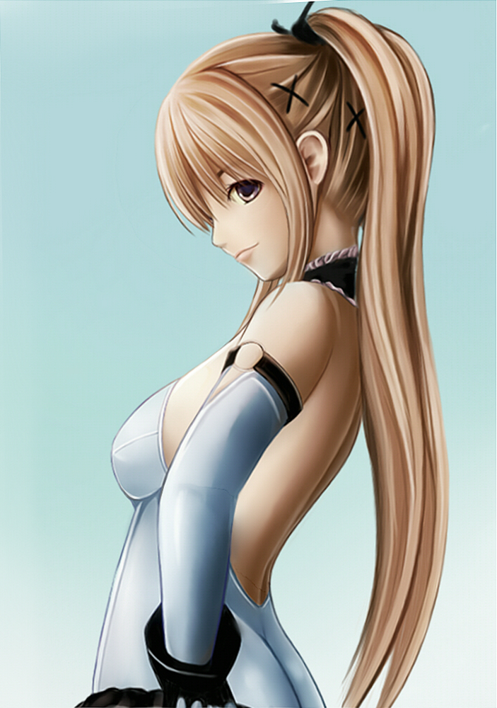 1girl ass back bare_shoulders blonde_hair breasts choker dead_or_alive dead_or_alive_5 elbow_gloves gloves hair_ribbon hand_on_hip leotard long_hair marie_rose nannacy7 nose ribbon sideboob smile solo twintails