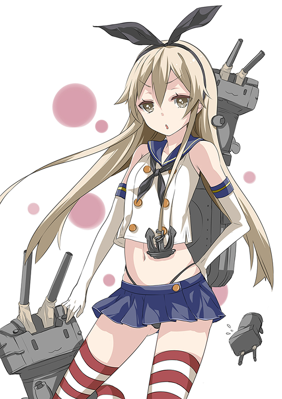 1girl :3 :o anchor_hair_ornament black_panties blonde_hair brown_eyes elbow_gloves gloves hairband hand_on_hip kantai_collection long_hair looking_at_viewer navel panties personification rensouhou-chan ryunxryun shimakaze_(kantai_collection) skirt solo striped striped_legwear thigh-highs underwear white_background white_gloves