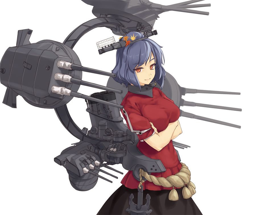 1girl anchor breasts cannon crossed_arms kantai_collection large_breasts looking_at_viewer red_eyes rokuwata_tomoe rope shimenawa short_hair simple_background smile solo touhou white_background yasaka_kanako