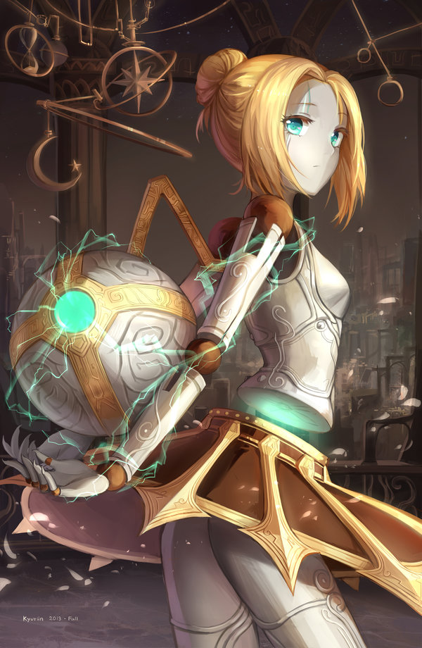 1girl android blonde_hair blue_eyes brown_skirt doll_joints electricity frown hair_bun kyurin_(sunnydelight) league_of_legends orb orianna_reveck robot skirt solo