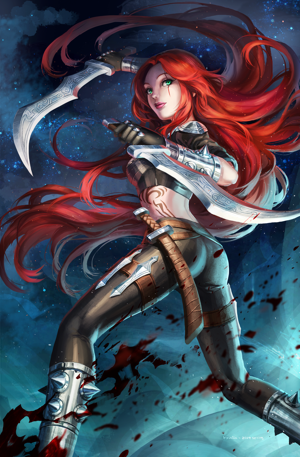 1girl black_gloves black_pants blood dagger dual_wielding gloves green_eyes highres holding_weapon katarina_du_couteau kyurin_(sunnydelight) league_of_legends long_hair midriff redhead scar smile solo weapon