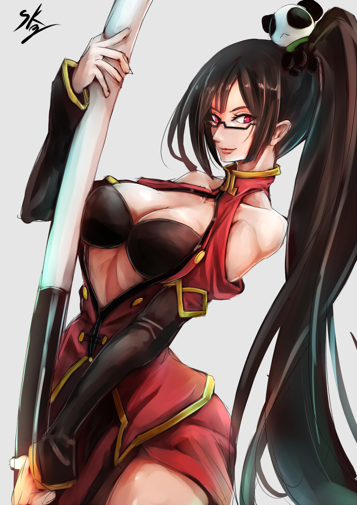 1girl bare_shoulders black_hair blazblue breasts china_dress chinese_clothes cleavage cleavage_cutout glasses hair_ornament lao_jiu large_breasts lips litchi_faye_ling long_hair panda polearm red_eyes semi-rimless_glasses side_ponytail side_slit smile solo sowel_(sk3) under-rim_glasses very_long_hair weapon