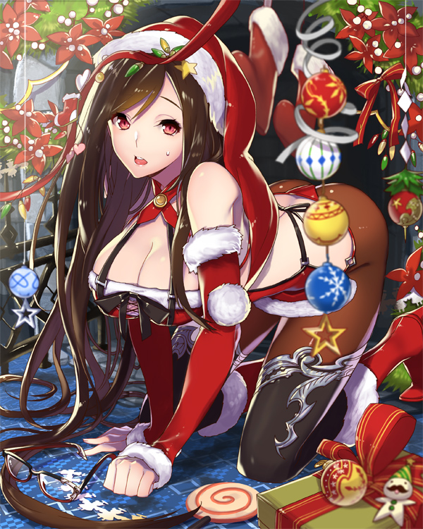 1girl all_fours breasts brown_hair christmas cleavage empew fingerless_gloves gloves hat long_hair open_mouth original red_eyes santa_costume santa_hat solo tagme thigh-highs