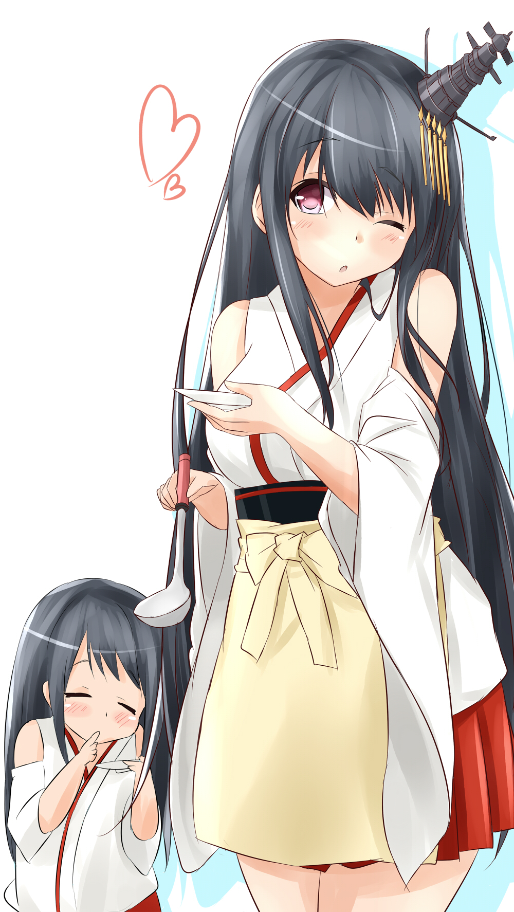 2girls bare_shoulders black_hair closed_eyes commentary_request detached_sleeves finger_in_mouth fusou_(kantai_collection) hair_ornament heart highres if_they_mated kantai_collection ladle long_hair looking_at_viewer mother_and_daughter multiple_girls pink_eyes saku_(kudrove) skirt very_long_hair wink