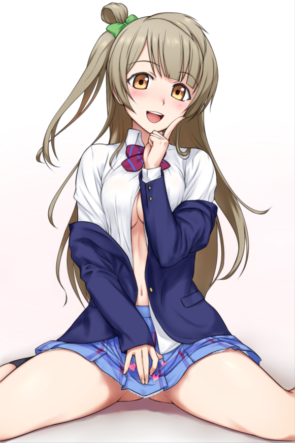 1girl :d artist_request black_legwear blush breasts brown_eyes brown_hair censored cleavage convenient_censoring kneehighs long_hair looking_at_viewer love_live!_school_idol_project minami_kotori navel no_bra no_panties open_clothes open_mouth open_shirt pleated_skirt school_uniform side_ponytail simple_background sitting skirt smile solo wariza