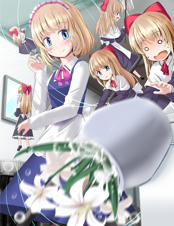 1girl a_(aaaaaaaaaaw) alice_margatroid apron blonde_hair blue_eyes blurry bow capelet cleaning depth_of_field dress duster flower flying hair_bow hairband indoors light_smile lily_(flower) lolita_hairband long_hair mirror o_o open_mouth puppet_strings raised_hand shanghai_doll short_hair side_glance solo spilling sweat touhou vase waist_apron water_droplets