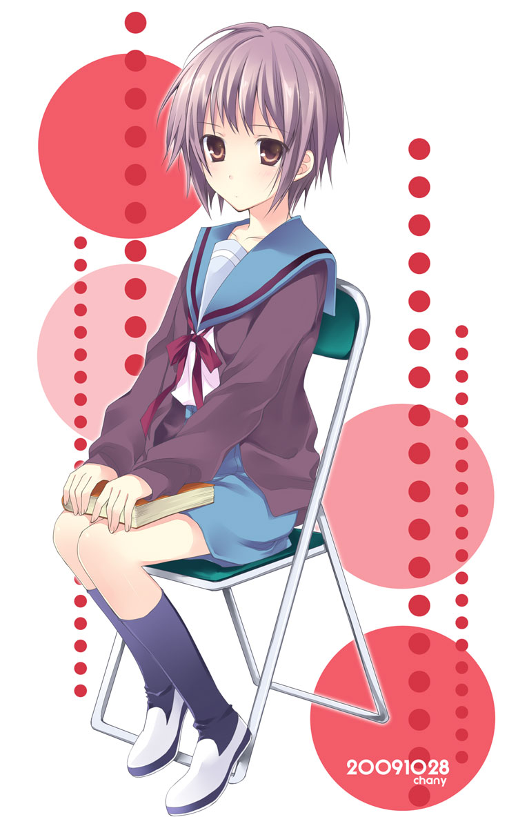 cardigan chair chany grey_hair nagato_yuki school_uniform short_hair sitting solo suzumiya_haruhi_no_yuuutsu uwabaki
