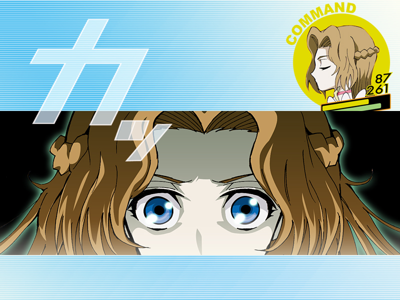 artist_request blue_eyes braid brown_hair closed_eyes code_geass health_bar kenji_t1710 nunnally_lamperouge open_eyes parody persona persona_3 persona_4 persona_eyes solo translation_request