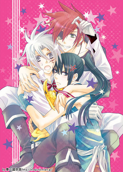 3boys allen_walker angry blush d.gray-man eyepatch gloves hug kanda_yuu lavi long_hair open_mouth piercing redhead ribbon silver_hair smile sweatdrop yaoi