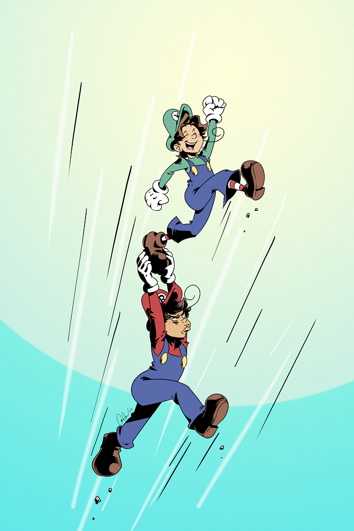 ahoge axis_powers_hetalia brothers brown_hair cap cel_shading chira-chira cosplay crossover gloves happy jumping luigi luigi_(cosplay) male mario mario_(cosplay) multiple_boys northern_italy_(hetalia) overalls parody pout siblings southern_italy_(hetalia) super_mario_bros.