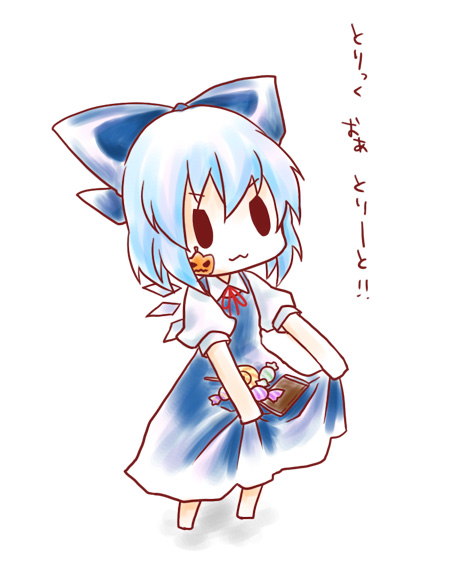 :3 blue_hair bow candy cirno hair_bow halloween kuromame_(8gou) skirt_basket solo touhou translated wings