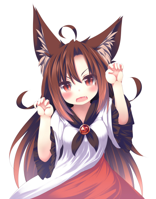 1girl animal_ears brown_hair claw_pose daidai_ookami dress fang frilled_sleeves frills imaizumi_kagerou long_hair open_mouth red_eyes touhou wolf_ears