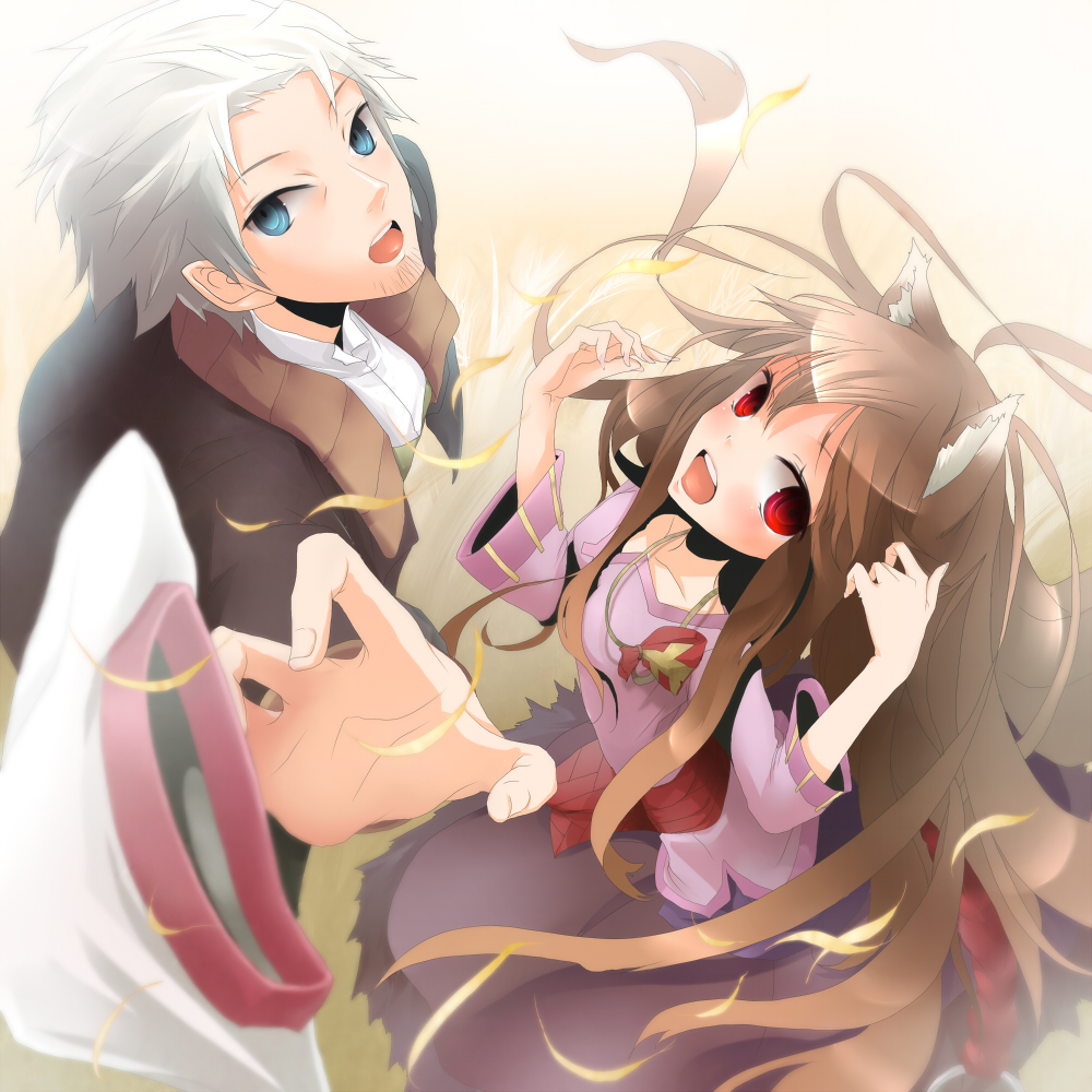 brown_hair craft_lawrence from_above holo long_hair looking_up open_mouth plastick red_eyes spice_and_wolf wolf_ears