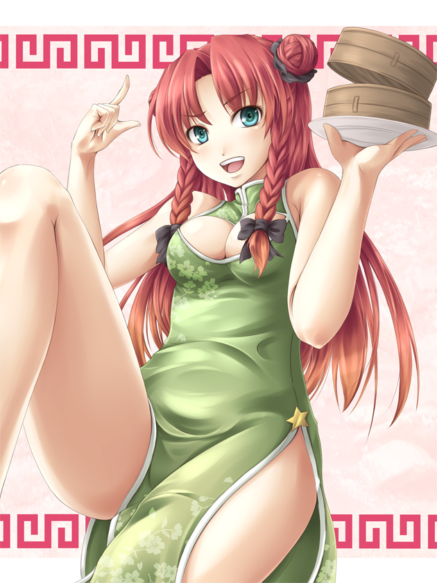 bamboo_steamer bare_shoulders bow braid china_dress chinadress chinese_clothes cleavage_cutout double_bun green_eyes hong_meiling long_hair mochi.f open_mouth red_hair redhead solo touhou twin_braids