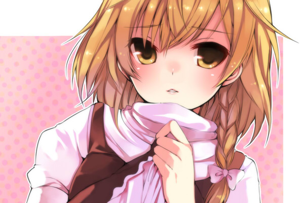 1girl blonde_hair blush bow braid hair_bow hands hase_neet kirisame_marisa lips no_hat no_headwear polka_dot polka_dot_background scarf side_braid solo touhou turtleneck yellow_eyes