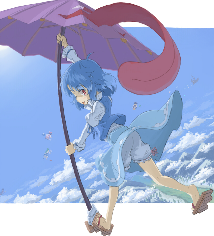 :p blue_hair bow chasing geta green_hair hair_bow hakurei_reimu houjuu_nue karakasa_obake kingin kirisame_marisa kochiya_sanae looking_back no_socks palanquin_ship red_eyes ship sky tatara_kogasa tongue touhou umbrella wink