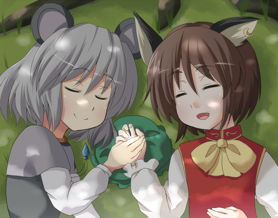 animal_ears cat_ears chen closed_eyes earrings fang grass hand_holding hat holding_hands jewelry masara mouse_ears multiple_girls nazrin necklace open_mouth shade smile touhou