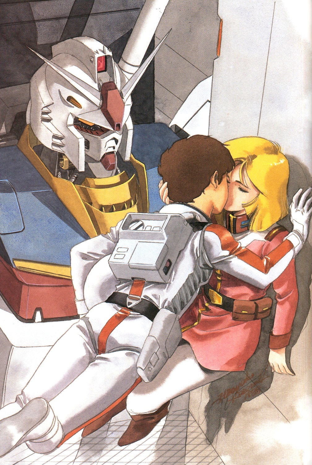 couple gundam highres kiss kitazume_hiroyuki mecha mobile_suit_gundam pantyhose pilot_suit rx-78-2 sayla_mass white_legwear