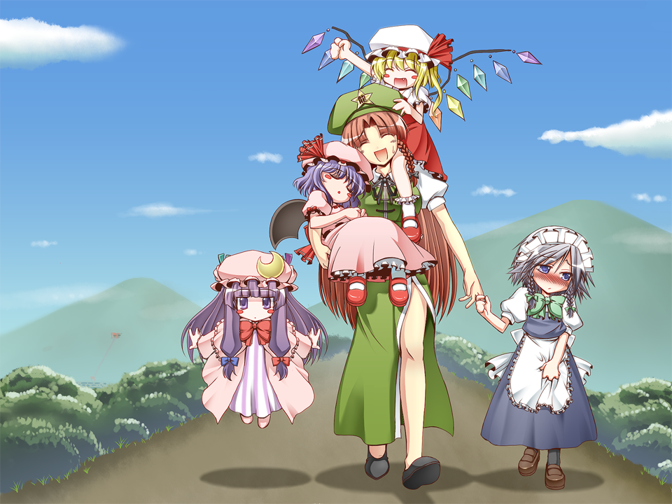 :d ^_^ apron apron_grab bangs bat_wings blonde_hair blue_eyes blunt_bangs blush blush_stickers bobby_socks bored bow braid carrying child china_dress chinadress chinese_clothes clenched_hand closed_eyes cloud crescent crotch_grab dress embarrassed fang flandre_scarlet floating flying hair_bow happy hat hat_bow head_tilt holding_hands hong_meiling iganseijin izayoi_sakuya legs long_hair maid maid_headdress mary_janes mountain multiple_girls no_nose open_mouth outdoors outstretched_arms patchouli_knowledge ponytail purple_eyes purple_hair raised_fist raised_hand red_eyes red_hair redhead remilia_scarlet shadow shoes short_hair shoulder_carry side_ponytail side_slit silver_hair sky sleeping smile socks spread_arms star sweatdrop touhou twin_braids very_long_hair violet_eyes walking wings young