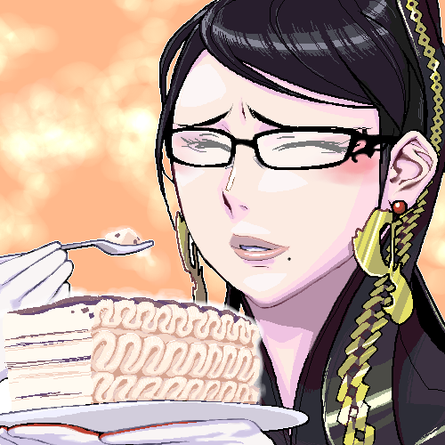 bayonetta bayonetta_(character) black_hair blush cake chains closed_eyes earrings eating food fork glasses gloves happy jewelry long_hair lowres matagitii mole plate pun solo