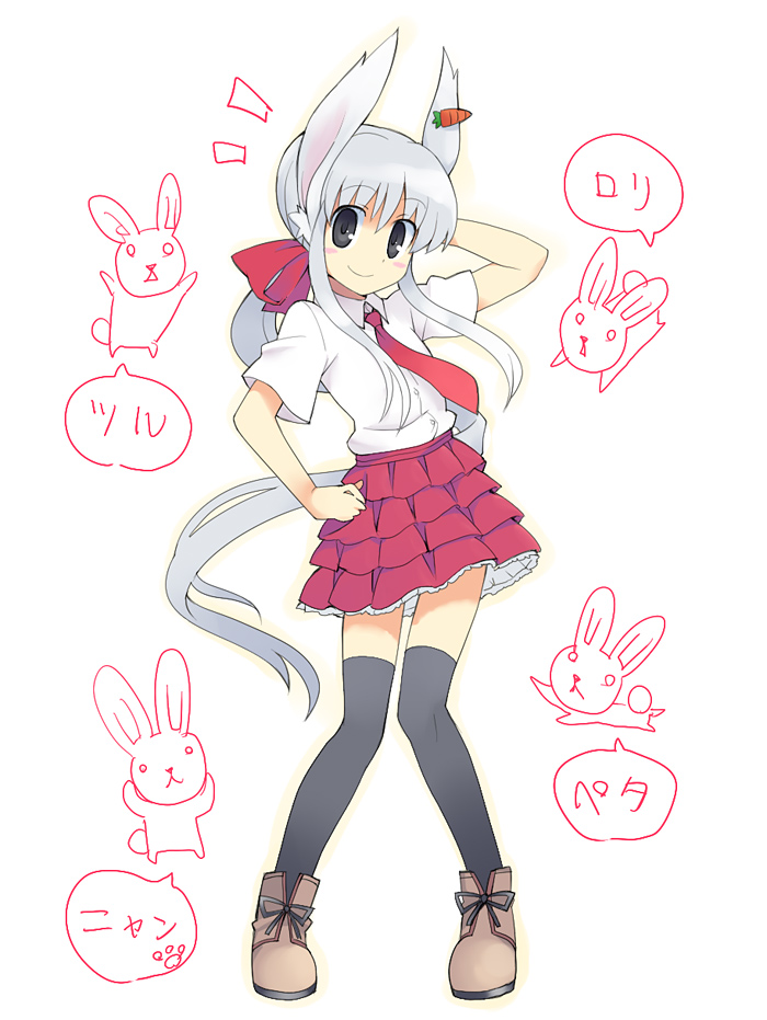 bunny_ears frilled_skirt grey_eyes necktie original ponytail pose rabbit_ears skirt solo thigh-highs thighhighs usa white_hair yamai zettai_ryouiki