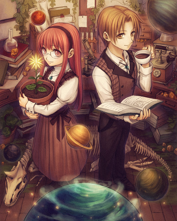 1boy 1girl book brown_hair cup dress flask flower flower_pot fossil glasses hairband long_hair looking_at_viewer mashuu microscope original planet red_eyes red_hair redhead short_hair telephone test_tube yellow_eyes