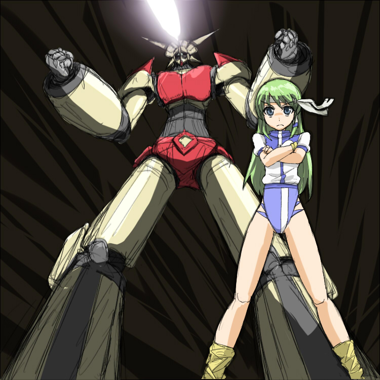 cosplay crossed_arms eye_beam green_hair gunbuster headband hisou_tensoku kochiya_sanae loose_socks mecha parody sketch socks takaya_noriko takaya_noriko_(cosplay) top_wo_nerae! touhou