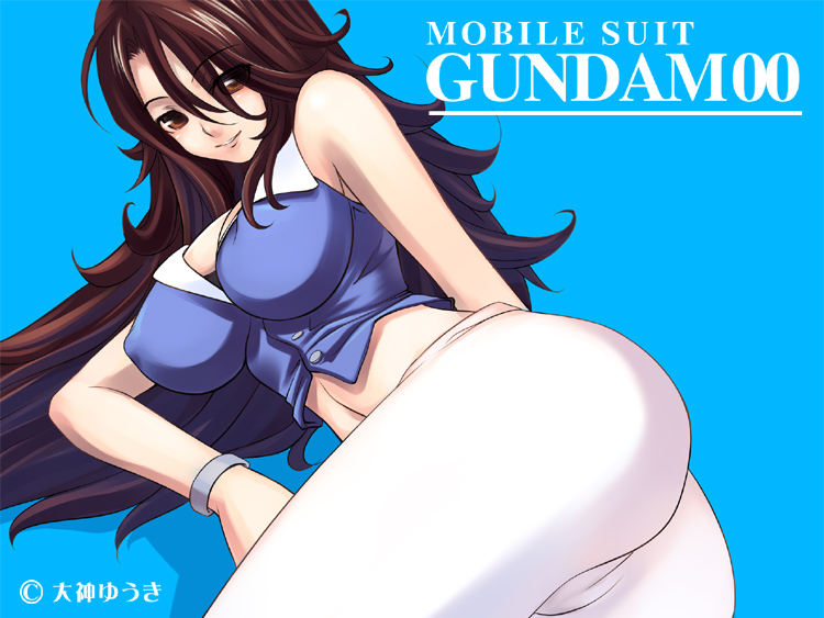 bad_id breasts brown_eyes brown_hair cleavage gundam gundam_00 large_breasts ookami_yuuki solo sumeragi_lee_noriega yuuki_(ambivalent-e)