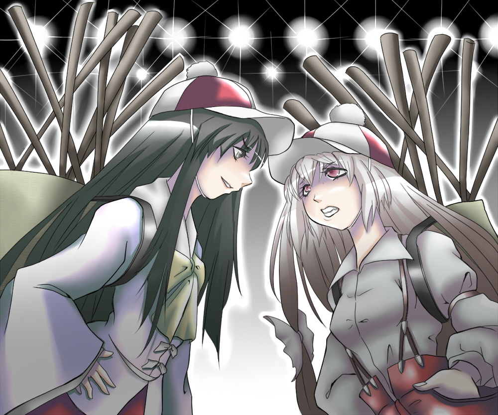 black_hair bow burdock_root fujiwara_no_mokou hair_bow hat houraisan_kaguya long_hair parody plant red_eyes suspenders touhou white_hair