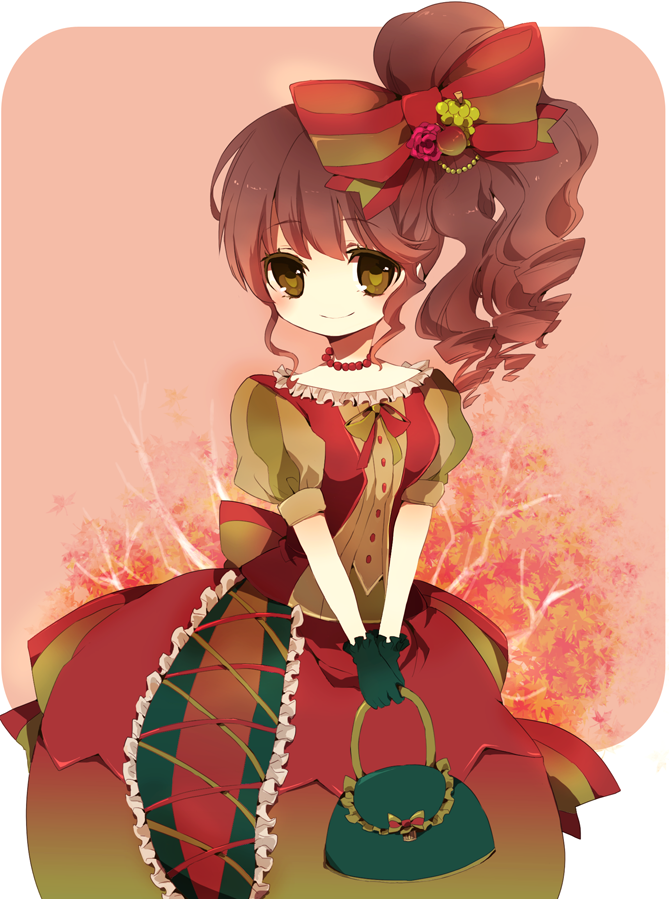 apple bad_id bag blush bow brown_hair dress flower food formal frills fruit gloves grapes green_eyes hair_bow hair_ornament jewelry long_hair necklace original purse ribbon shichi short_sleeves side_ponytail sitting smile solo