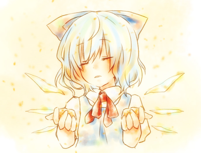 bow cirno closed_eyes foreshortening hair_bow hands kuromame_(8gou) short_hair solo touhou wings