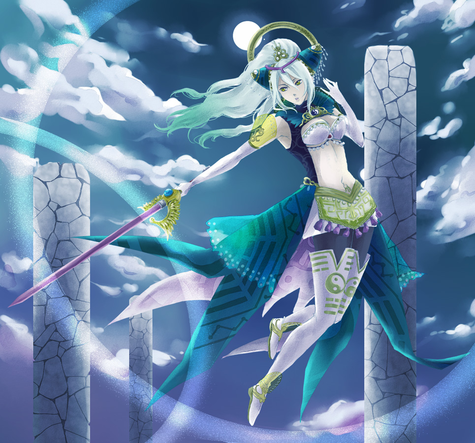 bikini_top blockhouse clouds detached_sleeves hat long_hair moon musou_orochi musou_orochi_2 night nu_wa piercing sky sword thigh-highs white_hair yellow_eyes