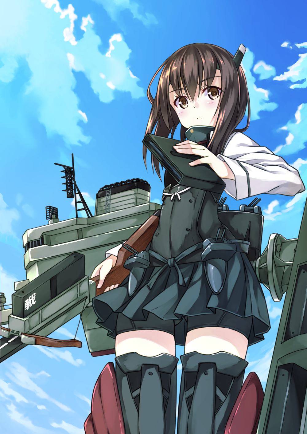 1girl bike_shorts blush bow_(weapon) brown_eyes brown_hair clouds crossbow highres kantai_collection personification short_hair skirt sky solo taihou_(kantai_collection) totika weapon
