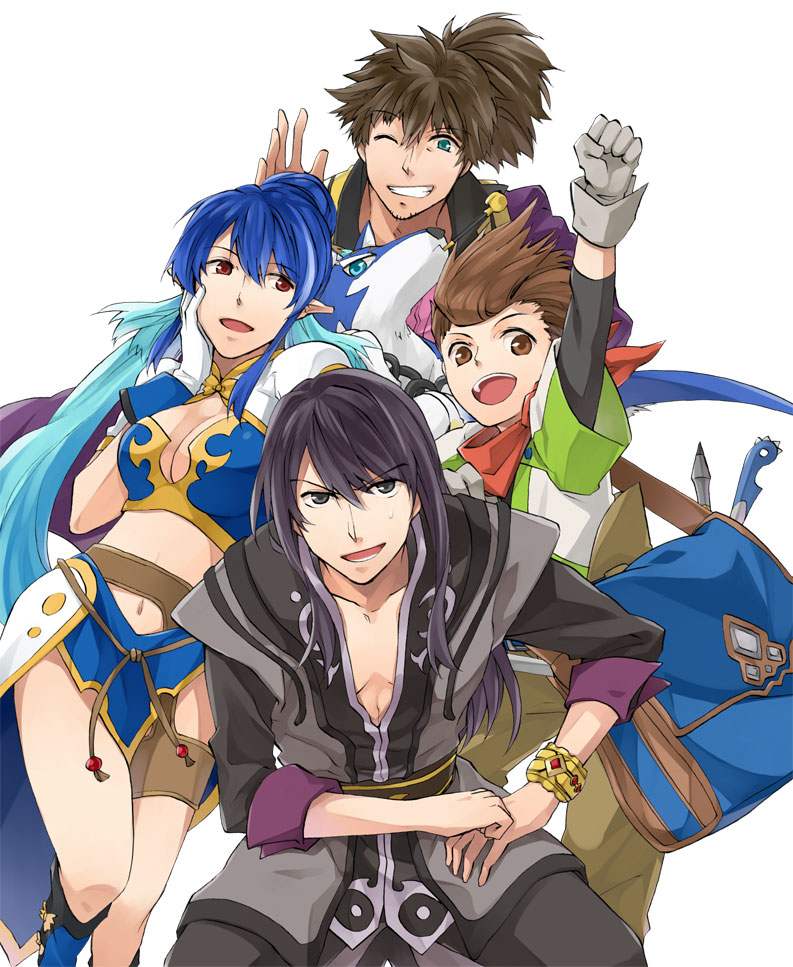 1girl 3boys arm_up bag black_eyes black_hair blue_hair bracelet breasts brown_hair cleavage clenched_hand dog facial_hair gloves green_eyes grin hand_on_own_cheek jewelry judith karol_capel long_hair miniskirt multiple_boys pants pointy_ears ponytail raven_(tov) red_eyes repede shoes skirt smile stubble tales_of_(series) tales_of_vesperia wink yogura yuri_lowell