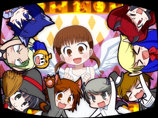 :3 amagi_yukiko angel_wings animal_ears bat_wings black_eyes black_hair blonde_hair blue_eyes blue_hair broom brown_eyes brown_hair cat_ears chiizu_ochaduke doujima_nanako frankenstein's_monster_(cosplay) grey_eyes grey_hair halloween_costume hanamura_yousuke hat horns kujikawa_rise kuma_(persona_4) long_hair multiple_boys multiple_girls narukami_yuu open_mouth persona persona_4 satonaka_chie shirogane_naoto short_hair smile stitches tatsumi_kanji twintails wings witch_hat