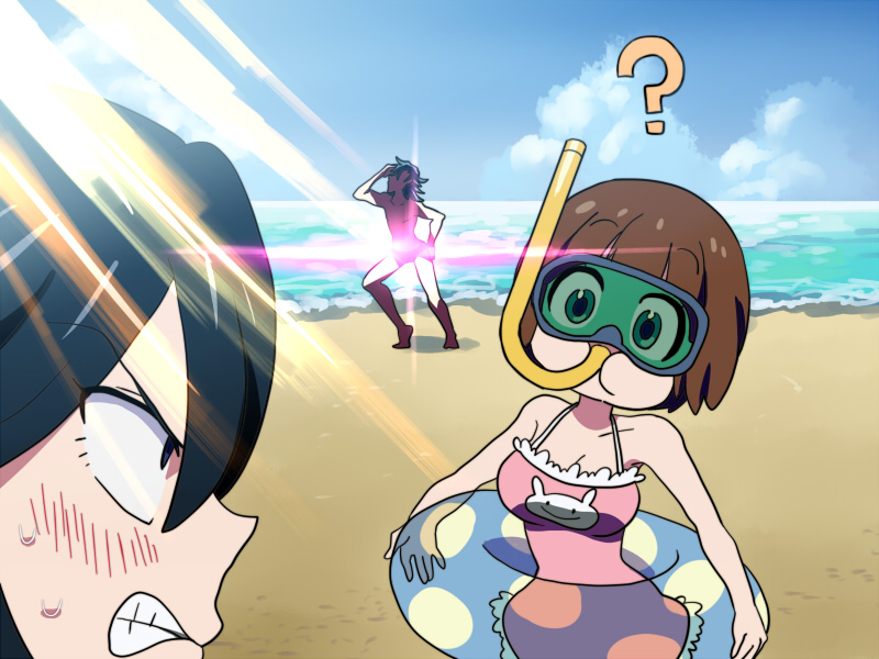 ? annoyed beach blush brown_hair diving_mask glowing innertube kill_la_kill mankanshoku_mako matoi_ryuuko mikisugi_aikurou one-piece_swimsuit shinonoko_(tubamecider) short_hair snorkel swimsuit water