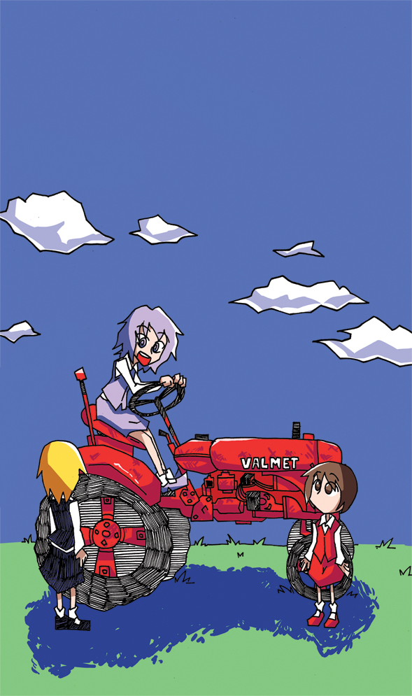 3girls blonde_hair blue_sky brown_hair clouds from_behind grass lavender_hair lunasa_prismriver lyrica_prismriver merlin_prismriver multiple_girls no_hat no_mouth outdoors setz shadow skirt skirt_set sky touhou tractor