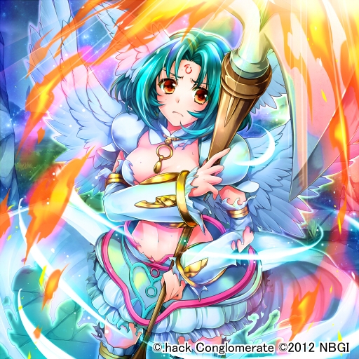 .hack// .hack//sign 1girl 2012 angel_wings blue_hair brown_eyes bubble_skirt copyright_name detached_collar detached_sleeves facial_mark fire forehead_mark frown guilty_dragon magic midriff short_hair skirt solo staff subaru_(.hack//) takatsuki_ichi tattoo torn_clothes white_skirt white_wings wings