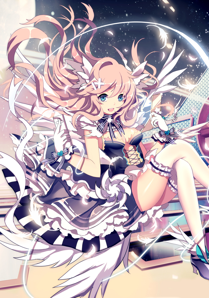 blue_eyes boots dress feathers gloves hair_ornament hairpin happy high_heels long_hair original pink_hair ribbon shoes souseiki_aster_gate thigh-highs xianguang