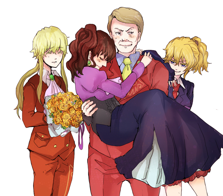 1boy 2girls blonde_hair blue_eyes bouquet brown_hair carrying closed_eyes cravat earrings family flower jewelry multiple_girls necktie ponytail princess_carry rose side_ponytail smile tututui umineko_no_naku_koro_ni ushiromiya_jessica ushiromiya_krauss ushiromiya_lion ushiromiya_natsuhi yellow_rose