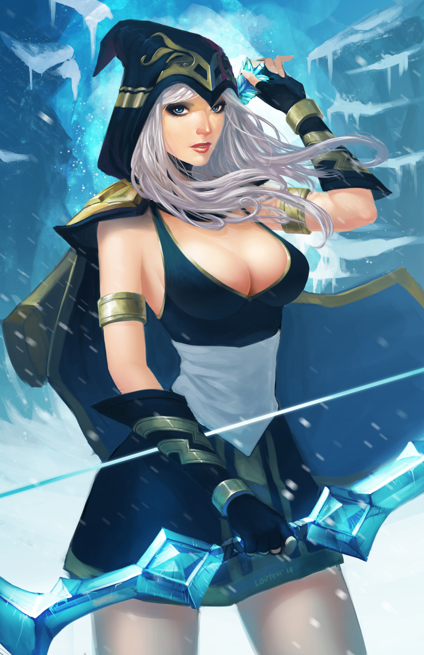 1girl ashe_(league_of_legends) breasts highres league_of_legends louten snow weapon white_hair