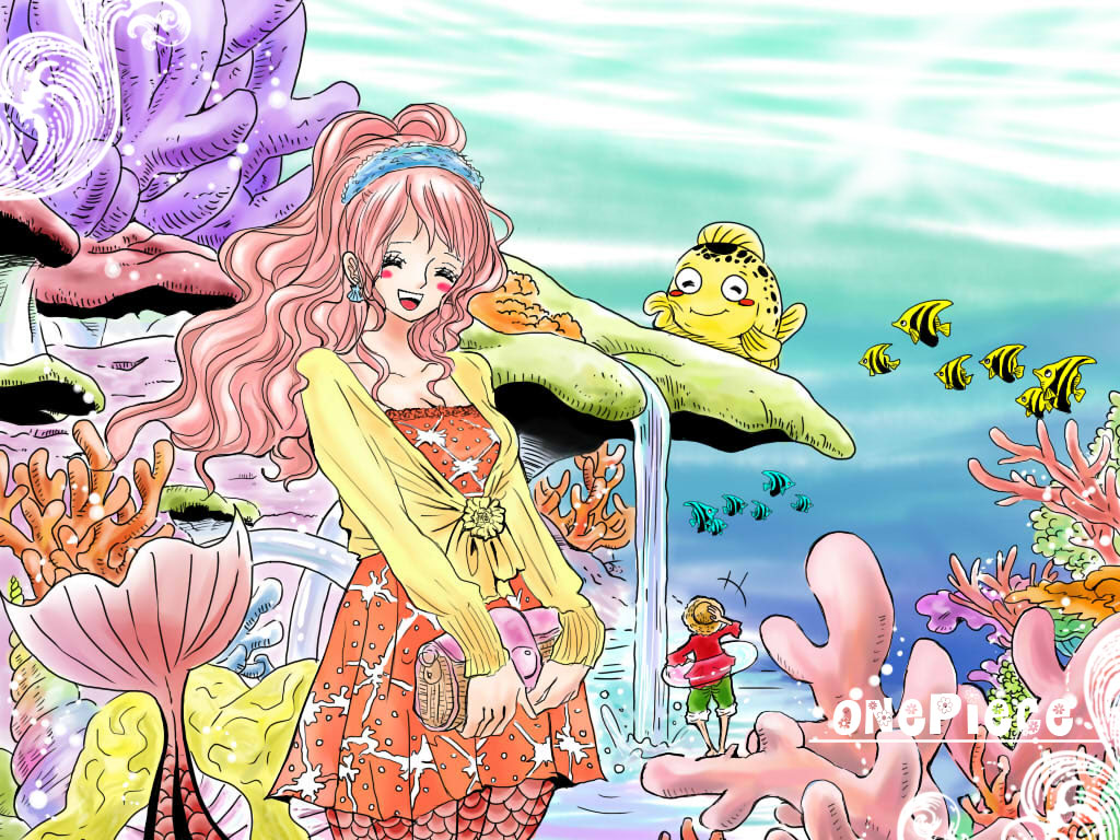 1boy 1girl :d akubi_to_ribbon bag blouse blush_stickers breasts cleavage closed_eyes copyright_name coral_reef dress earrings fish giantess hairband handbag hat innertube jewelry long_hair mermaid monkey_d_luffy monster_girl one_piece open_mouth pink_hair shirahoshi short_dress smile straw_hat tail water