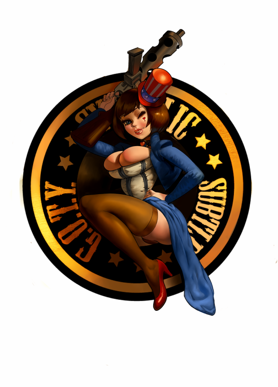 1girl bioshock bioshock_infinite breasts brown_hair bursting_breasts cleavage colored corset elizabeth_(bioshock_infinite) gun hand_on_hip hat high_heels idlecil large_breasts lips lipstick makeup mini_top_hat nose_art pinup red_shoes shoes short_hair side_slit solo submachine_gun thigh-highs top_hat weapon wink