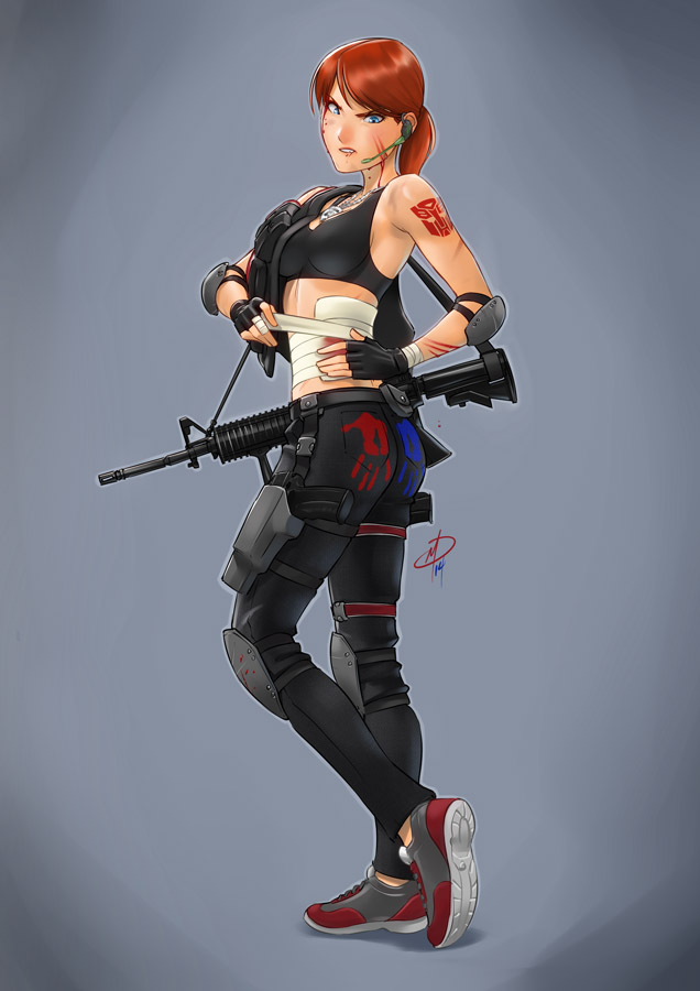 1girl assault_rifle autobot bandages blood blue_eyes borrowed_character brown_hair cameo crop_top daniel_macgregor dog_tags elbow_pads fingerless_gloves gloves gun headset holster injury knee_pads m4_carbine original pants pistol rifle scratches shoes short_ponytail small_breasts sneakers solo tank_top transformers weapon