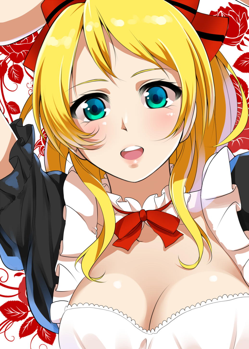 1girl ayase_eli blonde_hair blue_eyes breasts bust cleavage hair_ribbon highres long_hair looking_at_viewer love_live!_school_idol_project mattari_yufi open_mouth ribbon solo