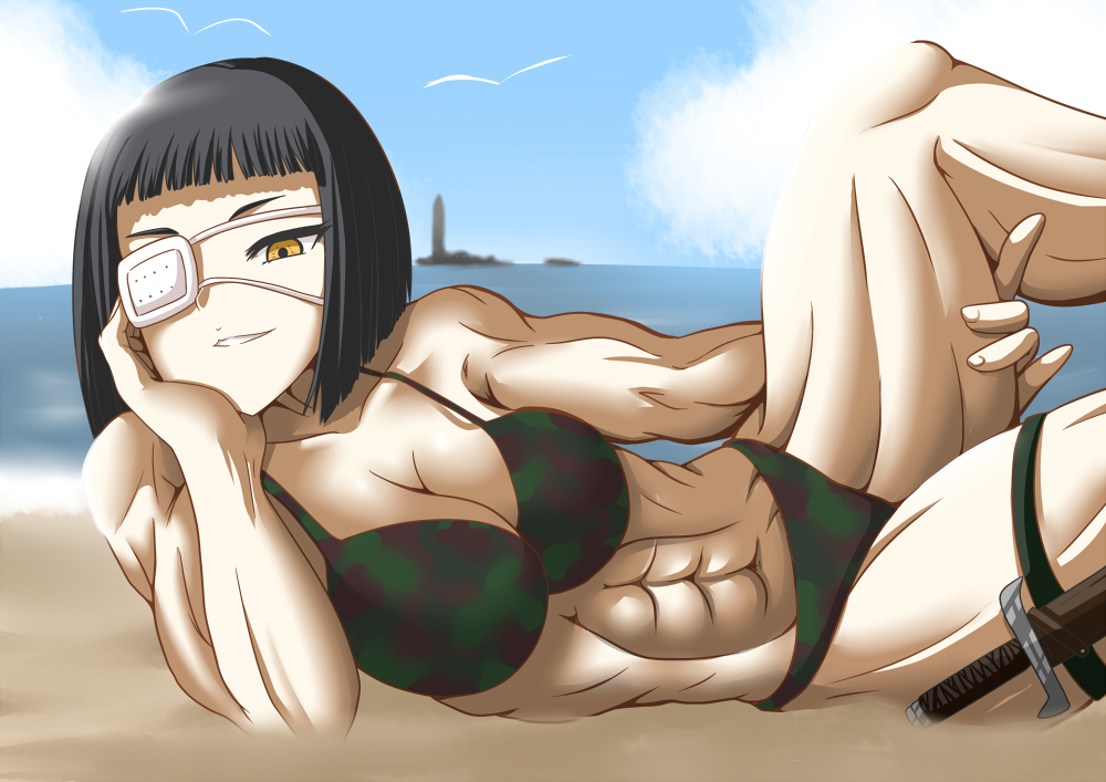 1girl \m/ abs bangs beach bikini black_hair blunt_bangs bob_cut breasts camouflage_bikini chin_rest cleavage eyepatch holster jormungand knife large_breasts lying niyang53 ocean on_side smile sofia_valmer solo strap_gap swimsuit tattoo thick_thighs thigh_holster thighs yellow_eyes